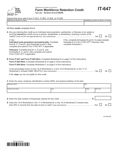 Form IT-647 2022 Printable Pdf