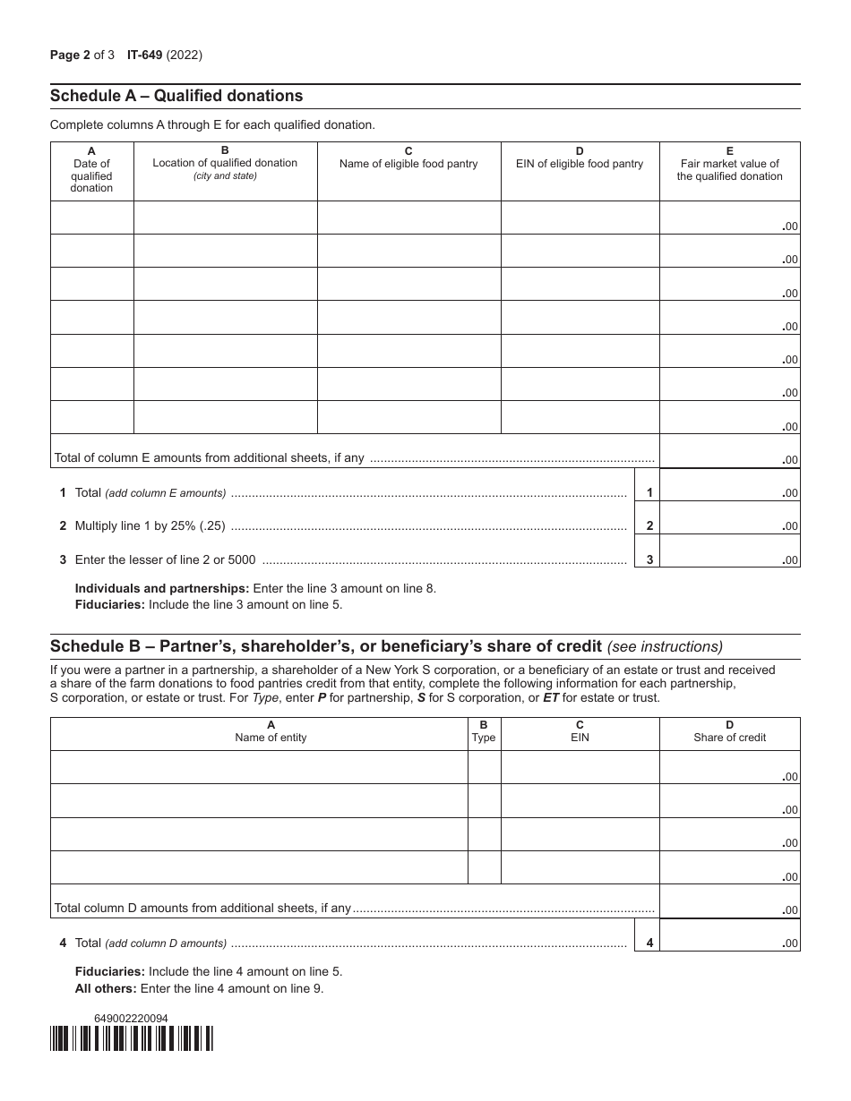 Form IT-649 Farm Donations to Food Pantries Credit - New York, Page 2