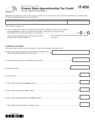 Document preview: Form IT-650 Empire State Apprenticeship Tax Credit - New York