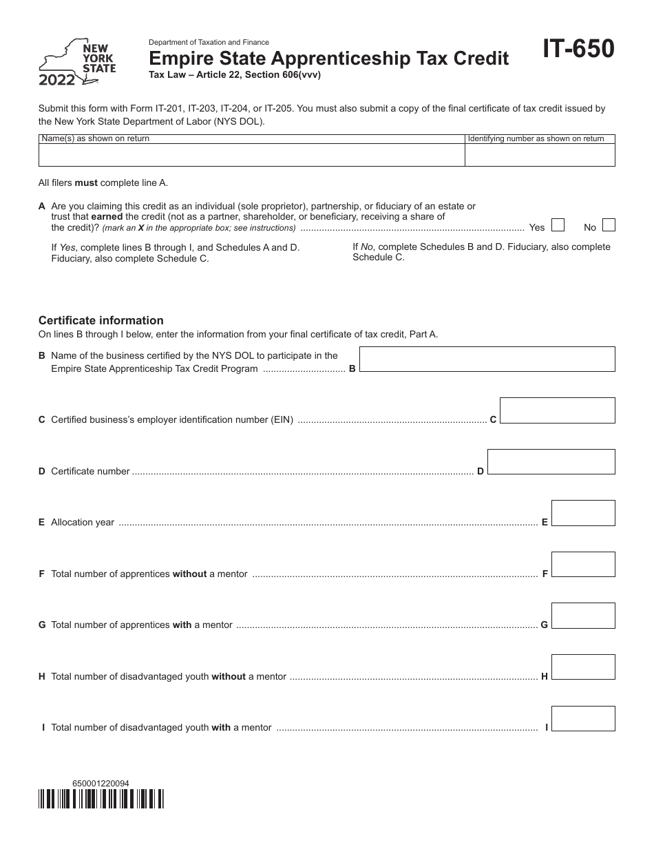 Form IT-650 Empire State Apprenticeship Tax Credit - New York, Page 1