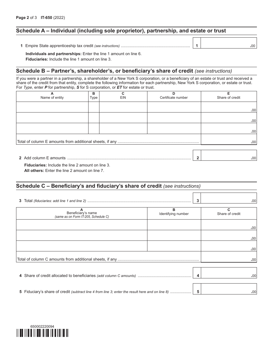 Form IT-650 Empire State Apprenticeship Tax Credit - New York, Page 2