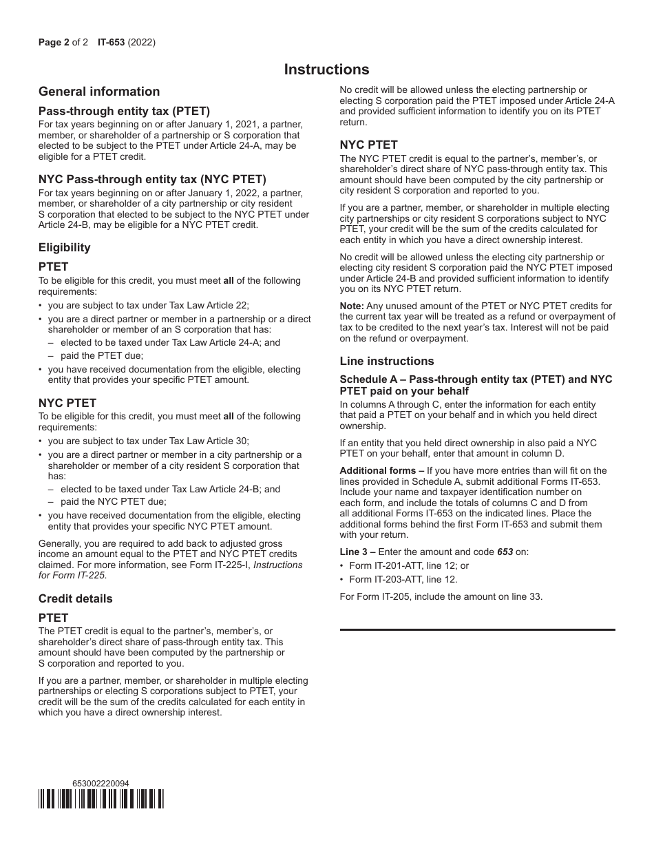 Form IT-653 Pass-Through Entity Tax Credit - New York, Page 2