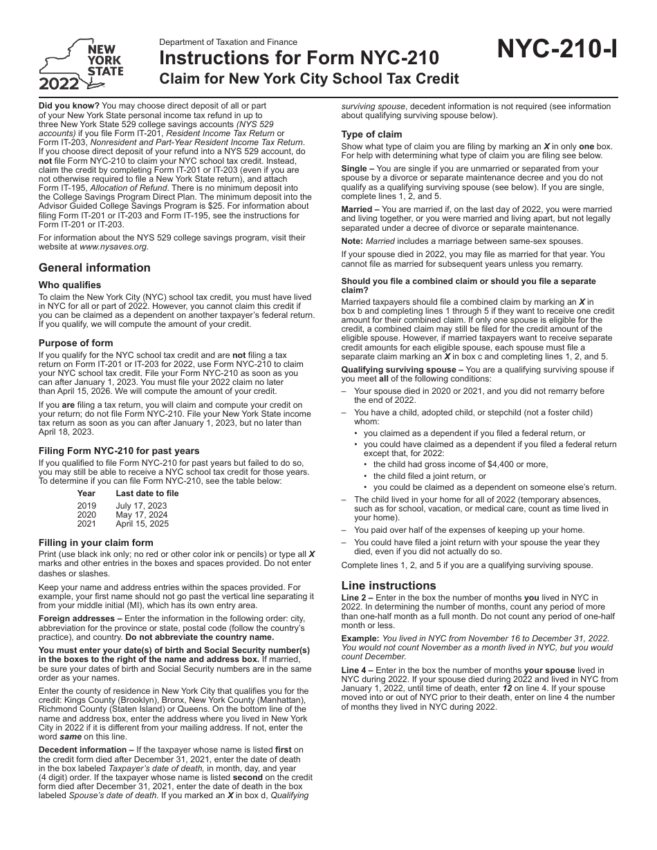 Instructions for Form NYC-210 Claim for New York City School Tax Credit - New York, Page 1