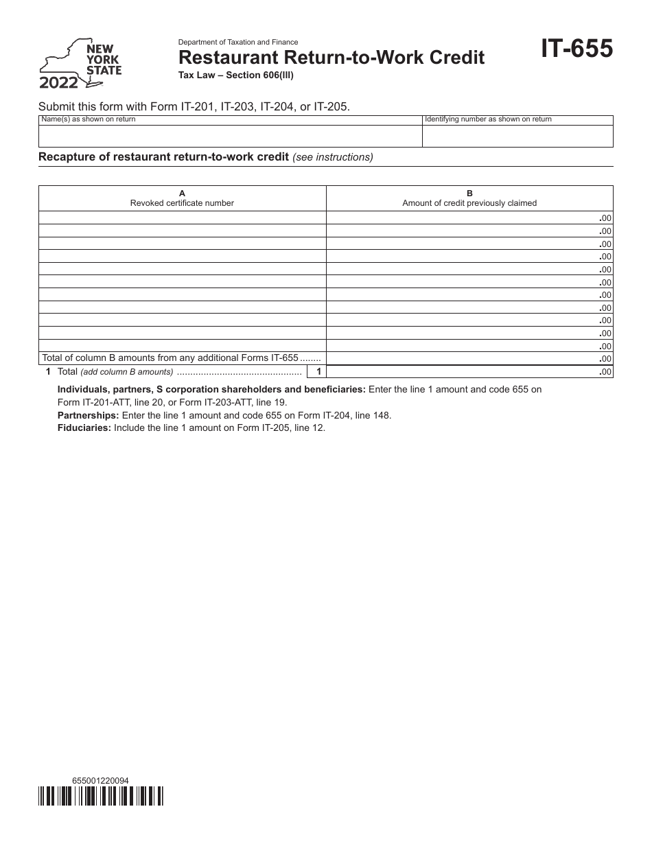 Form IT-655 Restaurant Return-To-Work Credit - New York, Page 1