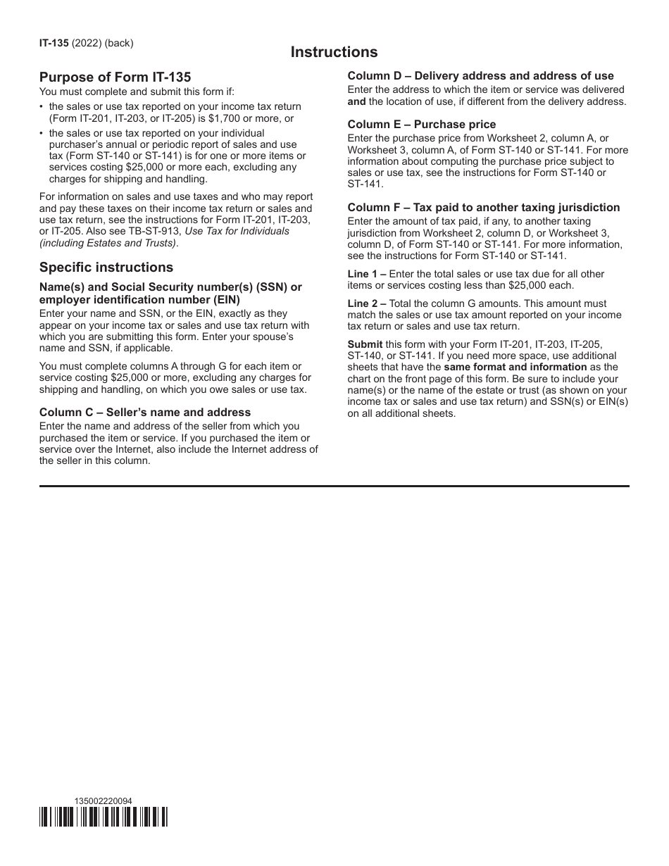 Form IT-135 Sales and Use Tax Report for Purchases of Items and Services Costing $25,000 or More - New York, Page 2