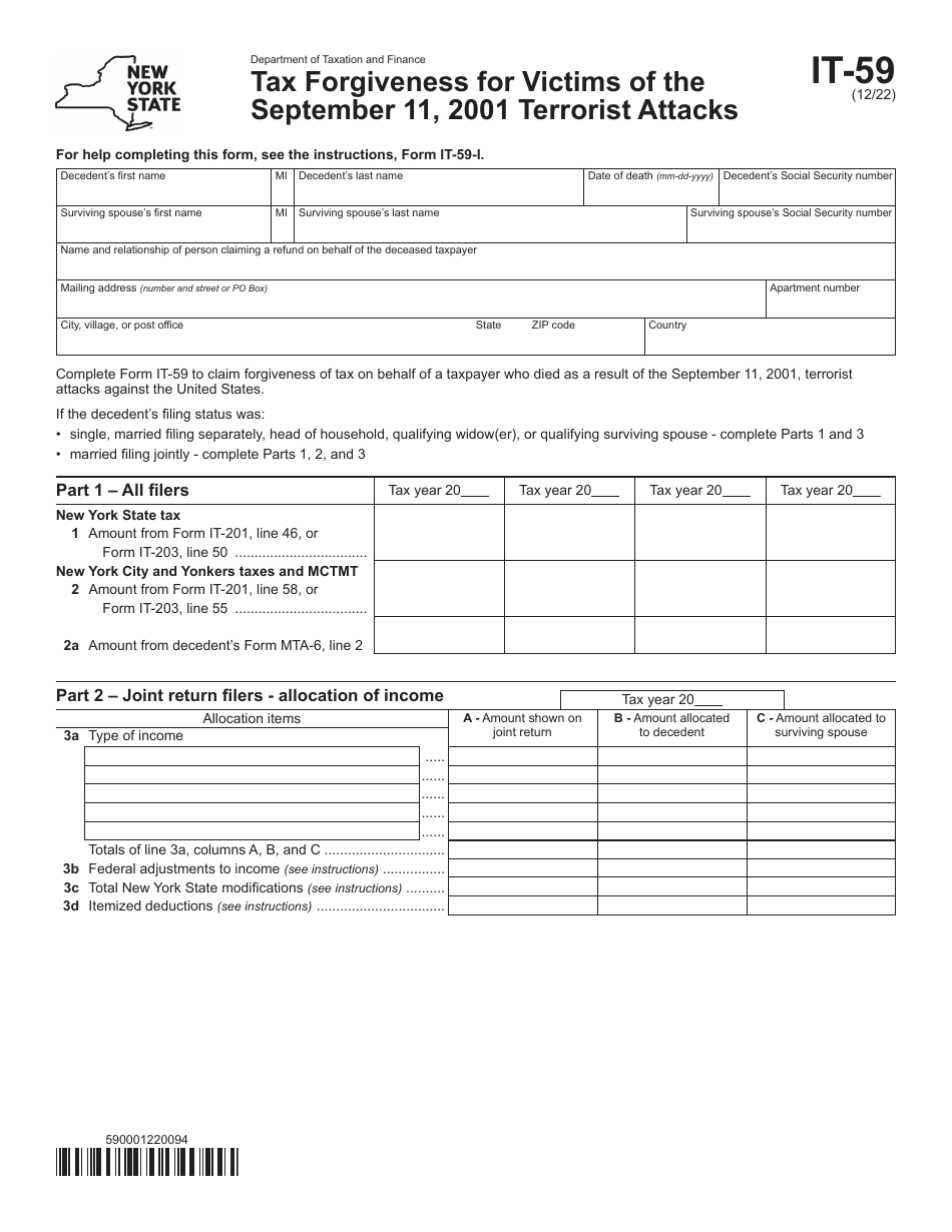 Form IT-59 Tax Forgiveness for Victims of the September 11, 2001 Terrorist Attacks - New York, Page 1