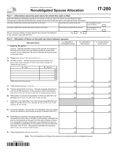 Form IT-280 Download Fillable PDF or Fill Online Nonobligated Spouse ...