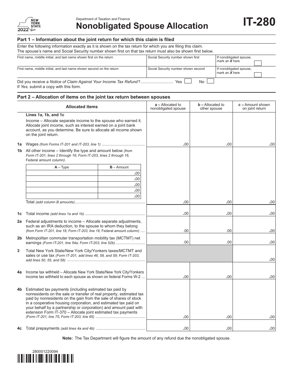 Form IT-280 Nonobligated Spouse Allocation - New York, Page 1