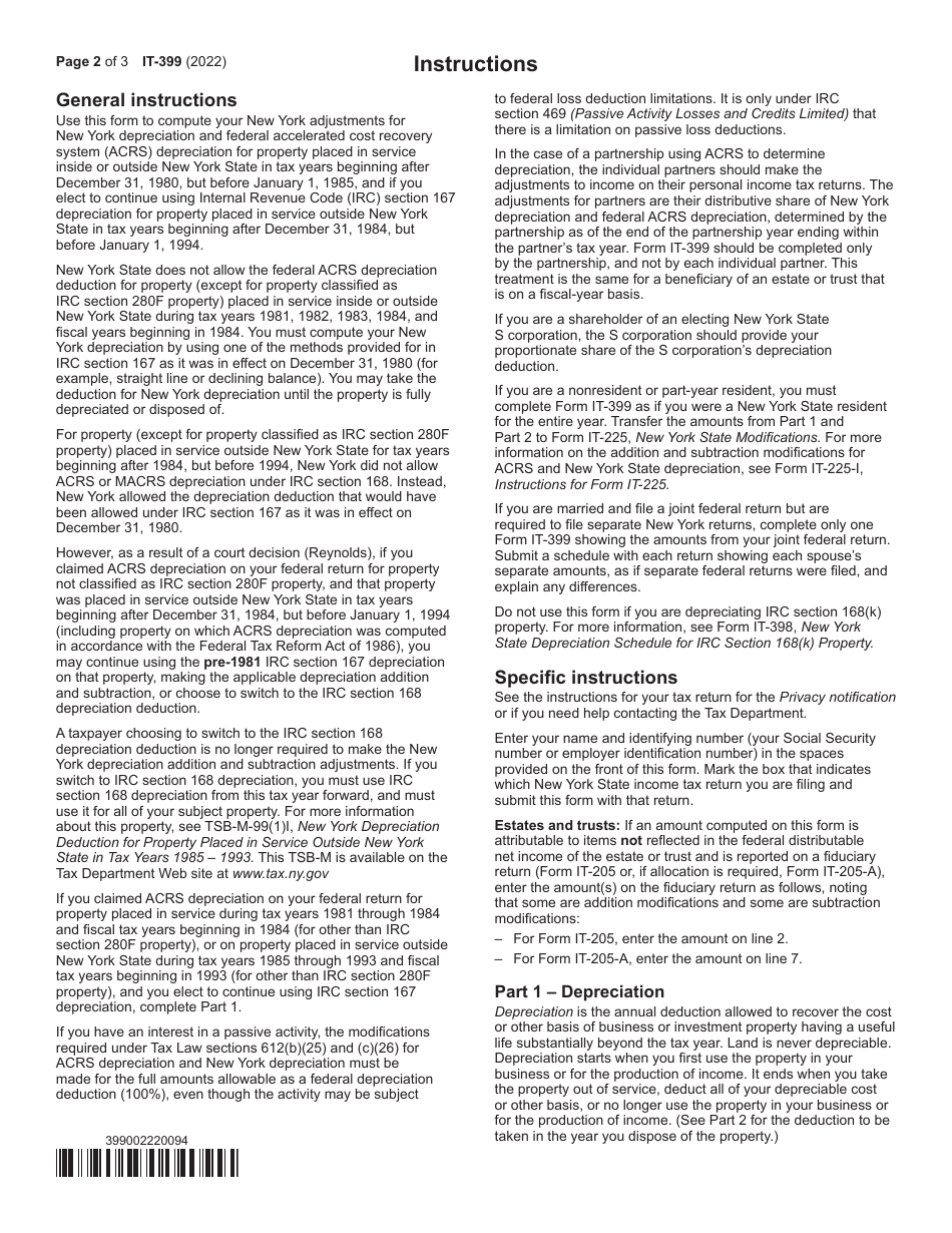 Form IT-399 New York State Depreciation Schedule - New York, Page 2