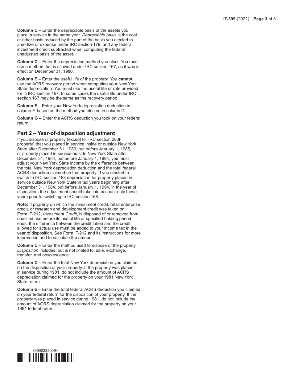 Form IT-399 New York State Depreciation Schedule - New York, Page 3