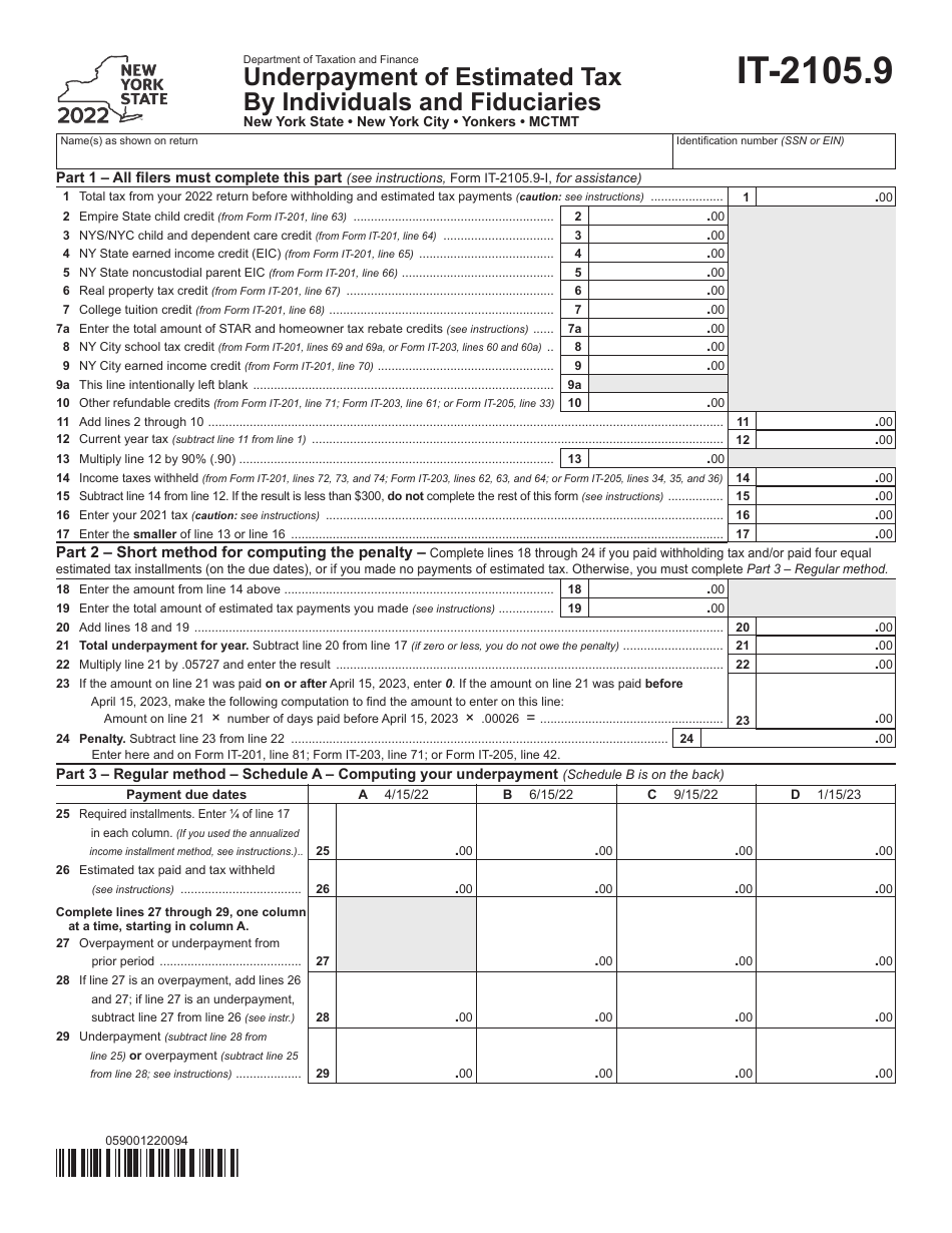 Form IT-2105.9 Underpayment of Estimated Tax by Individuals and Fiduciaries - New York, Page 1