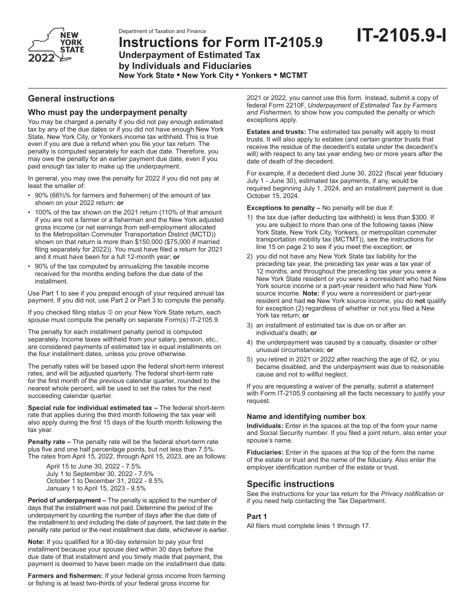 Instructions for Form IT-2105.9 Underpayment of Estimated Tax by Individuals and Fiduciaries - New York, Page 1