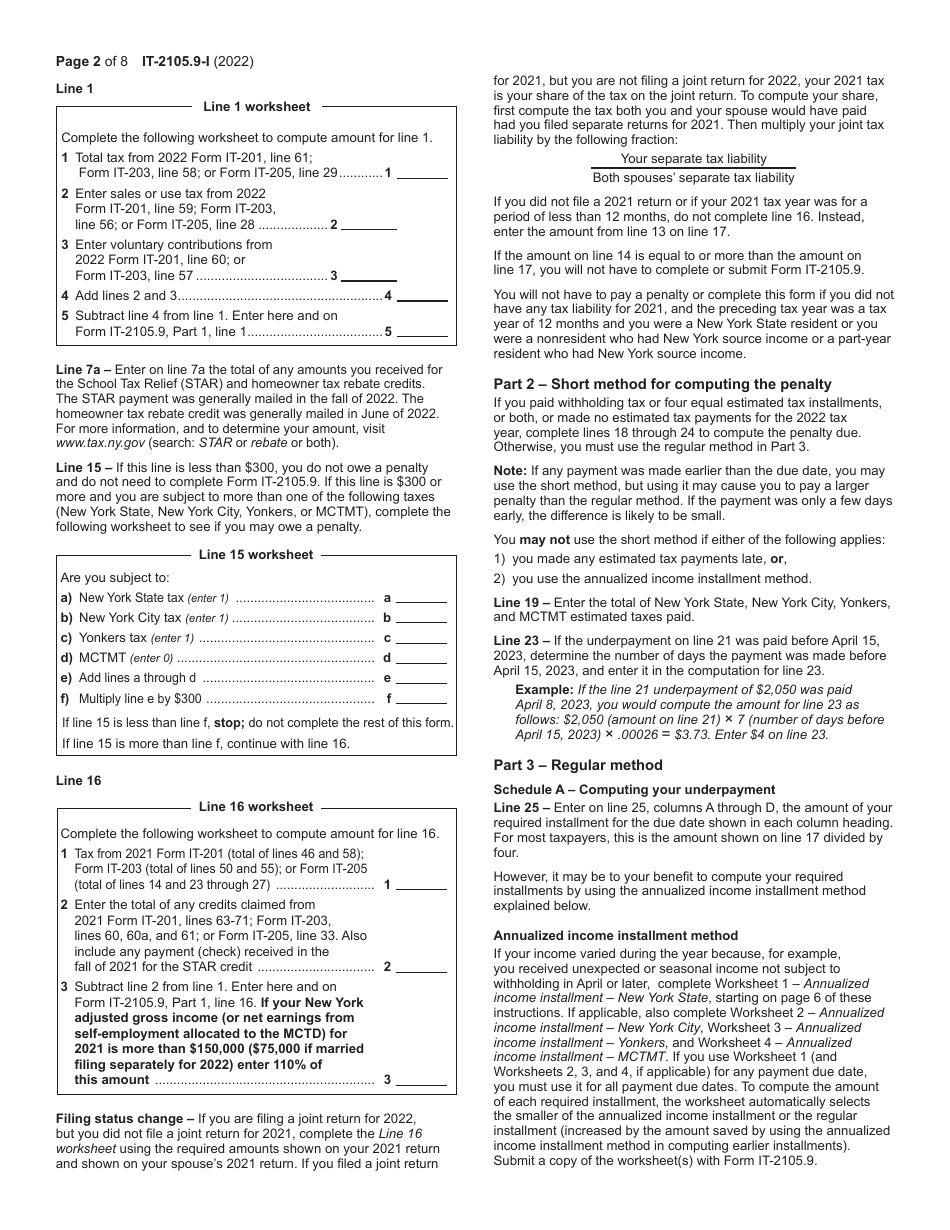 Instructions for Form IT-2105.9 Underpayment of Estimated Tax by Individuals and Fiduciaries - New York, Page 2