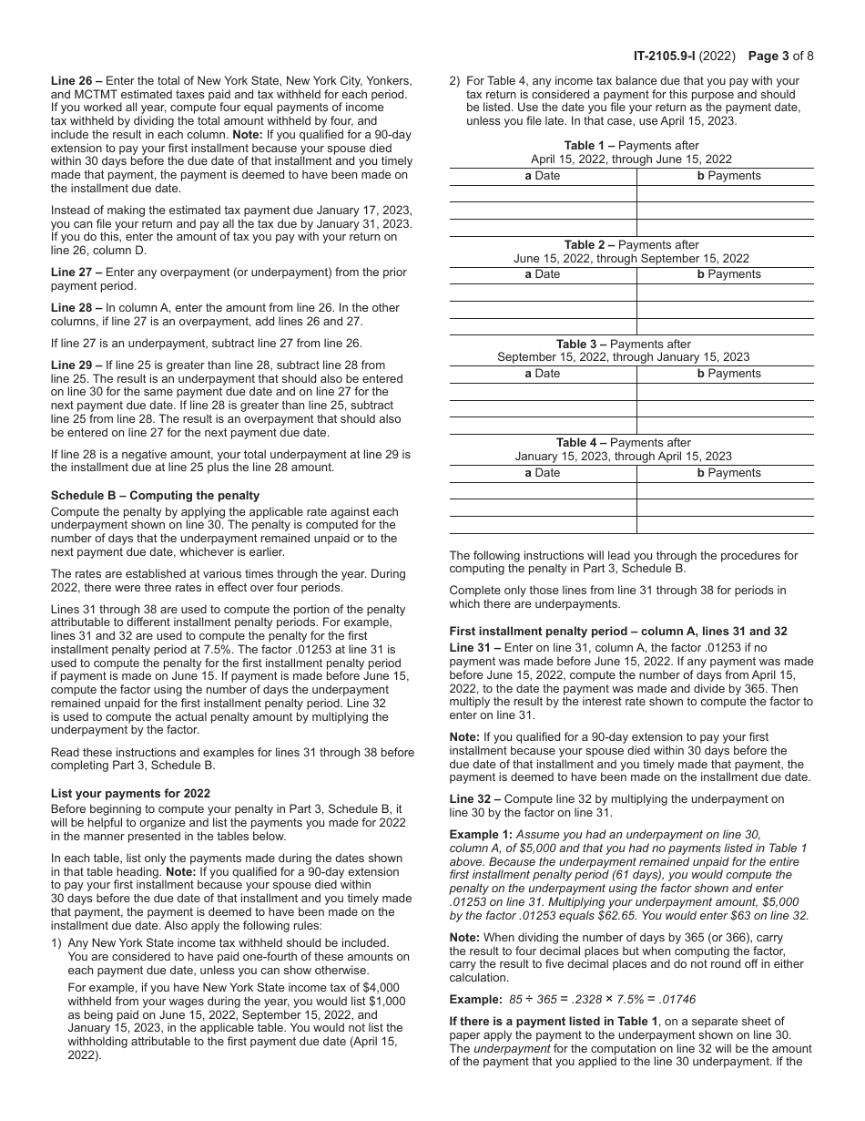 Instructions for Form IT-2105.9 Underpayment of Estimated Tax by Individuals and Fiduciaries - New York, Page 3