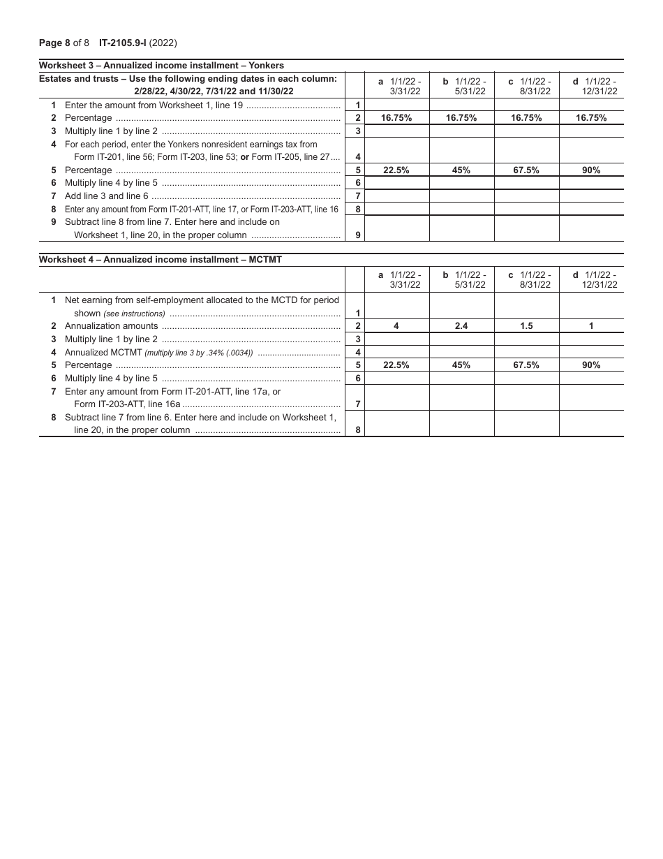 Instructions for Form IT-2105.9 Underpayment of Estimated Tax by Individuals and Fiduciaries - New York, Page 8