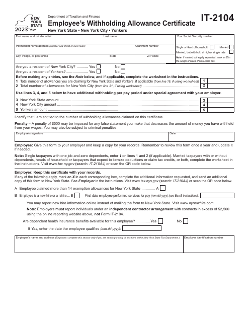 Form IT-2104 Employee&#039;s Withholding Allowance Certificate - New York, 2023
