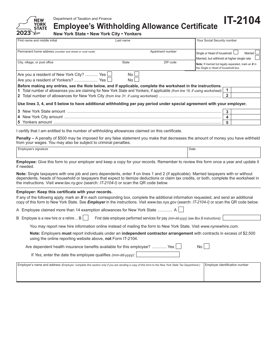 Form IT2104 Download Fillable PDF or Fill Online Employee's