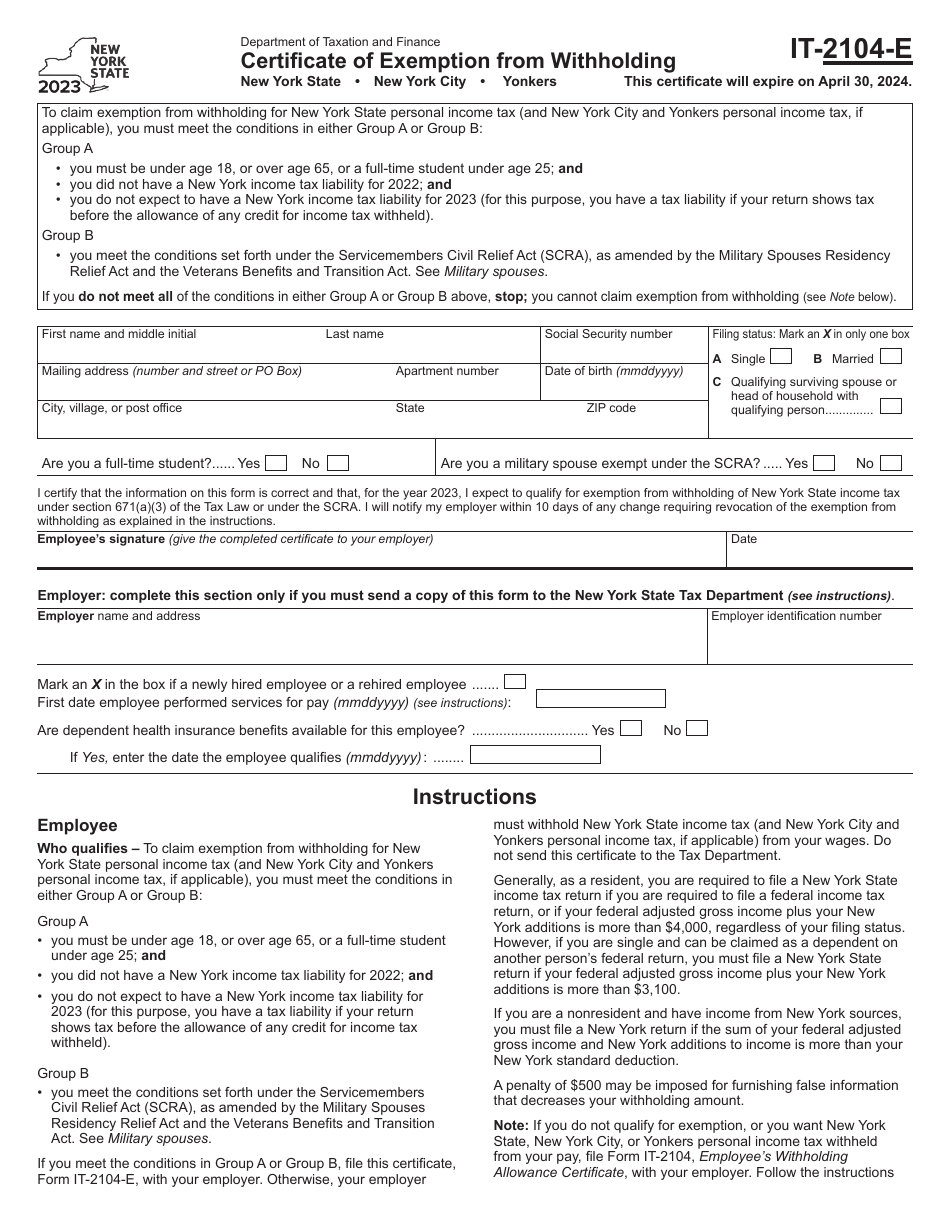 Form IT2104E Download Fillable PDF or Fill Online Certificate of