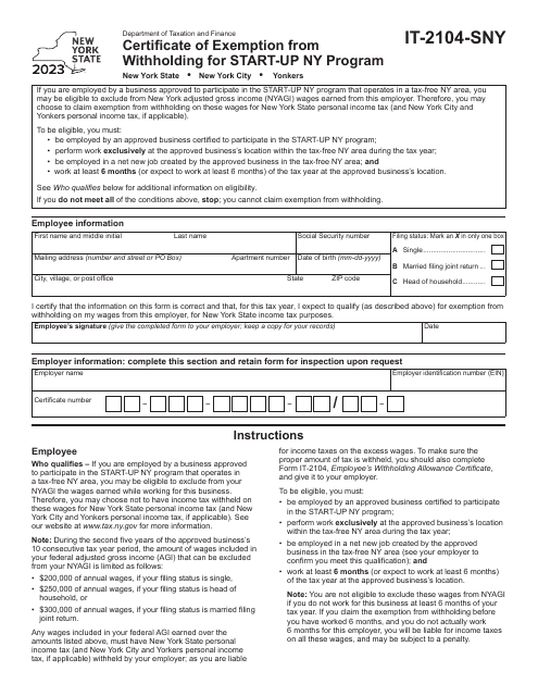 Form IT-2104-SNY 2023 Printable Pdf