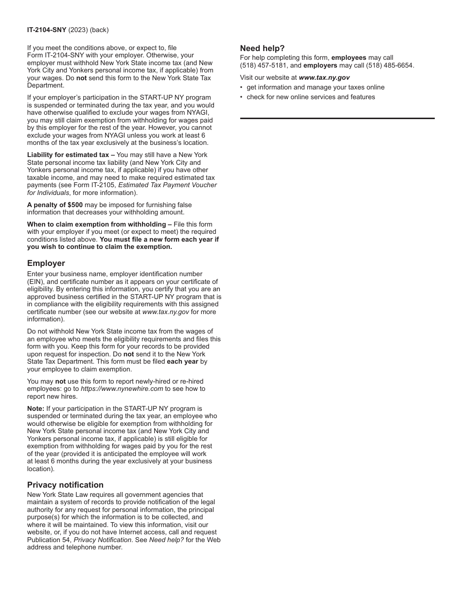 Form IT-2104-SNY Certificate of Exemption From Withholding for Start-Up Ny Program - New York, Page 2