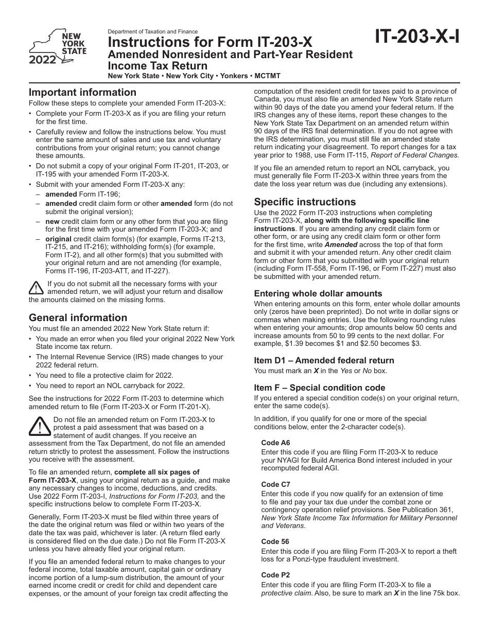 Instructions for Form IT-203-X Amended Nonresident and Part-Year Resident Income Tax Return - New York, Page 1