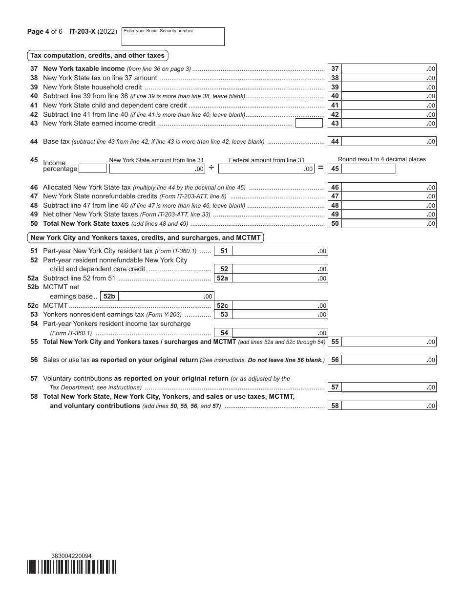 Form IT-203-X Amended Nonresident and Part-Year Resident Income Tax Return - New York, Page 4
