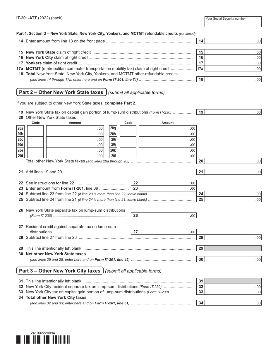 Form It-201-att Download Fillable Pdf Or Fill Online Other Tax Credits 