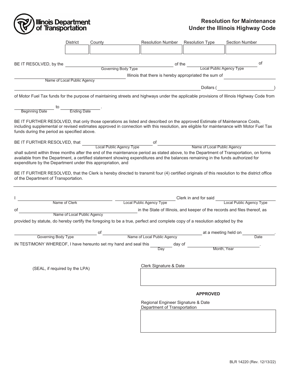 Form BLR14220 Resolution for Maintenance Under the Illinois Highway Code - Illinois, Page 1