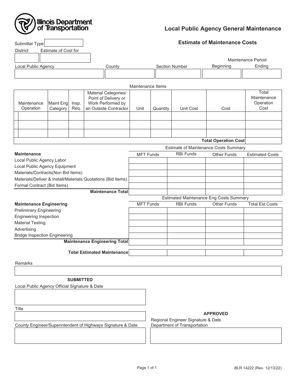 Form BLR14222 Local Public Agency General Maintenance - Estimate of Maintenance Costs - Illinois, Page 1