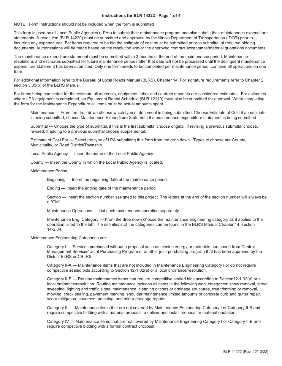 Form BLR14222 Local Public Agency General Maintenance - Estimate of Maintenance Costs - Illinois, Page 2