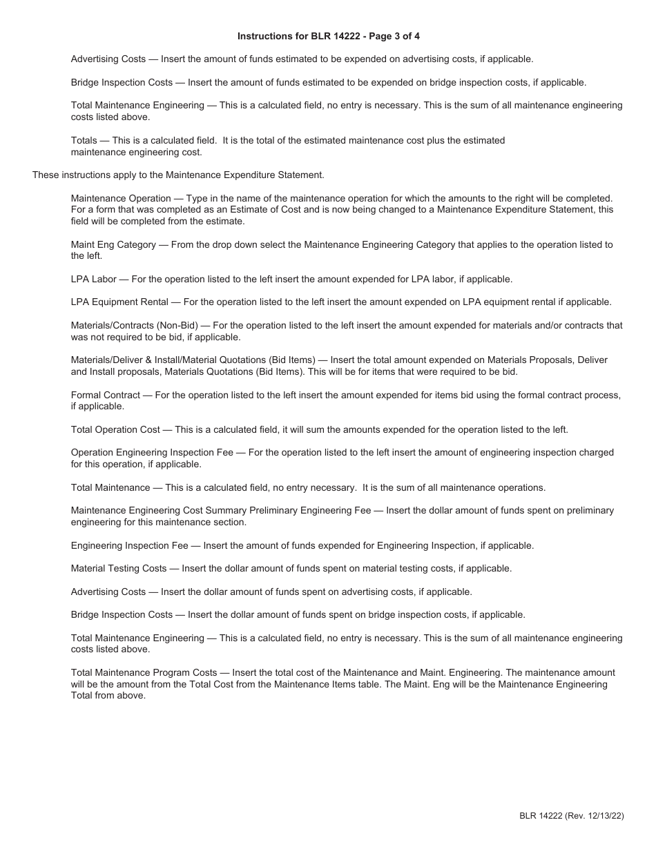 Form BLR14222 Local Public Agency General Maintenance - Estimate of Maintenance Costs - Illinois, Page 4