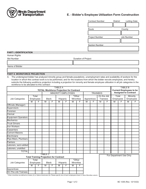 Form BC1256 E. - Bidder's Employee Utilization Form Construction - Illinois