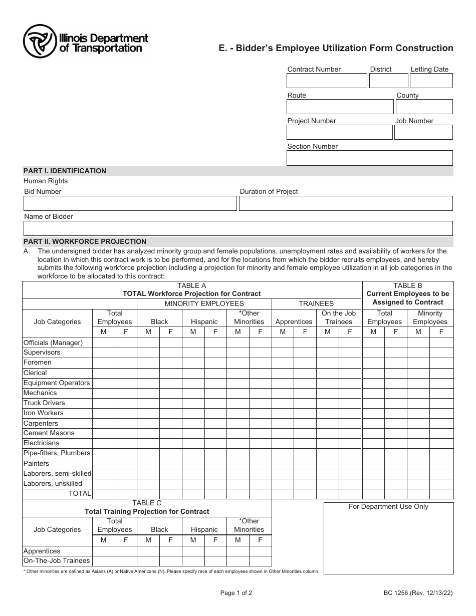 Form BC1256 E. - Bidders Employee Utilization Form Construction - Illinois, Page 1