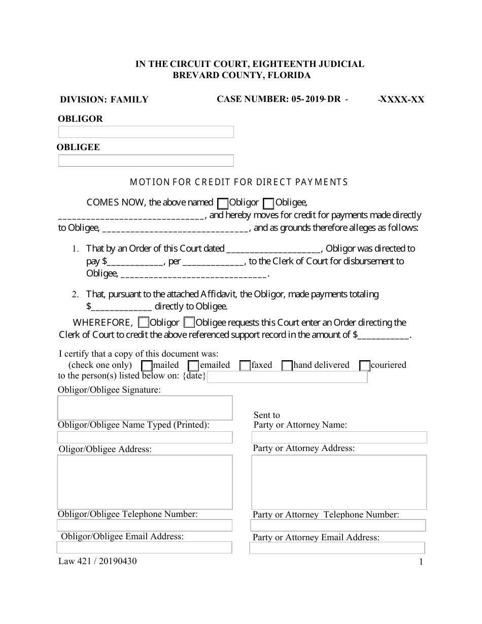 Form LAW421 Motion for Credit for Direct Payments - Brevard County, Florida, Page 1