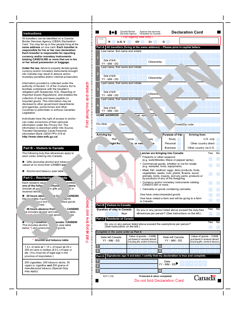 Form E311 Declaration Card - Canada