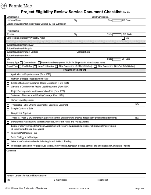 Form 1030 Project Eligibility Review Service Document Checklist
