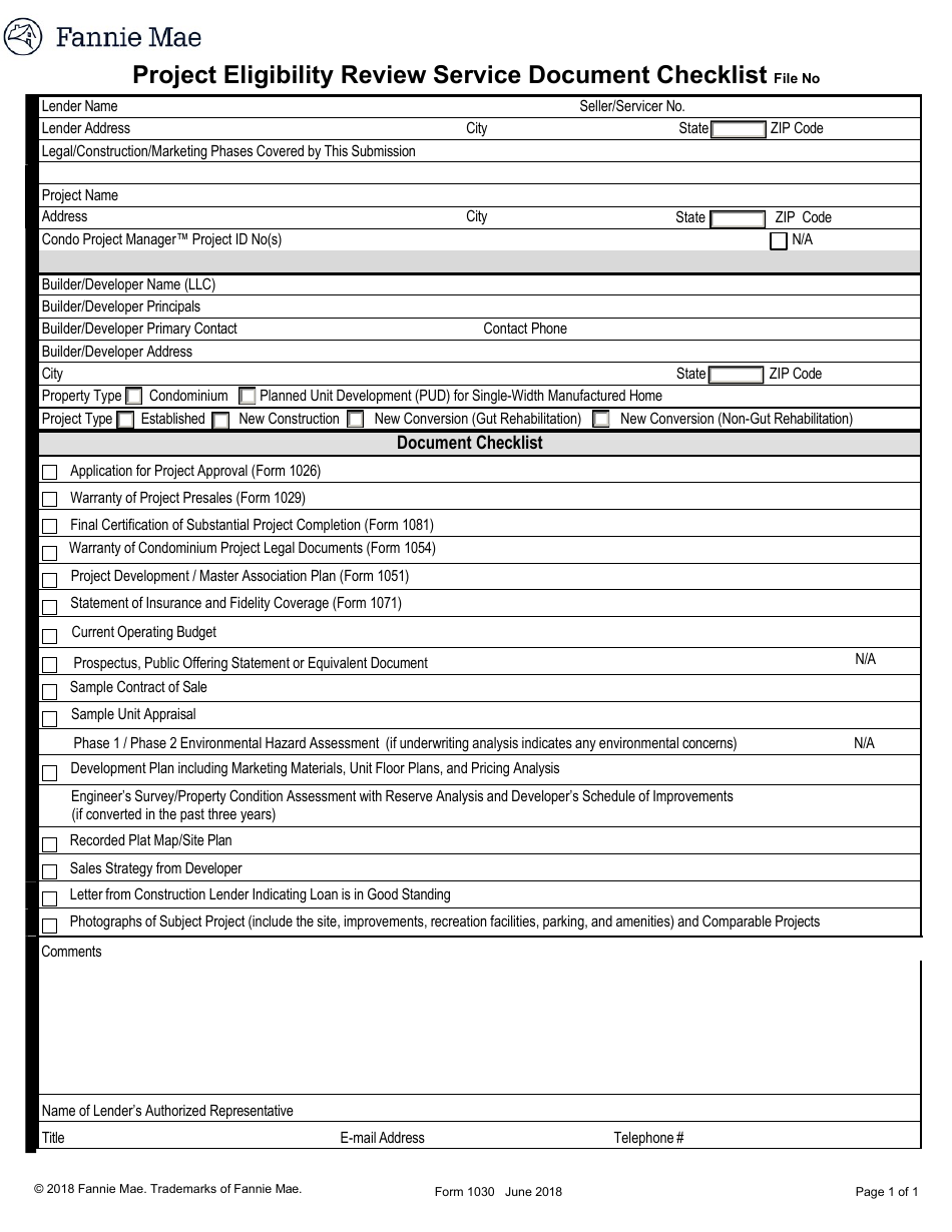 Form 1030 Project Eligibility Review Service Document Checklist, Page 1