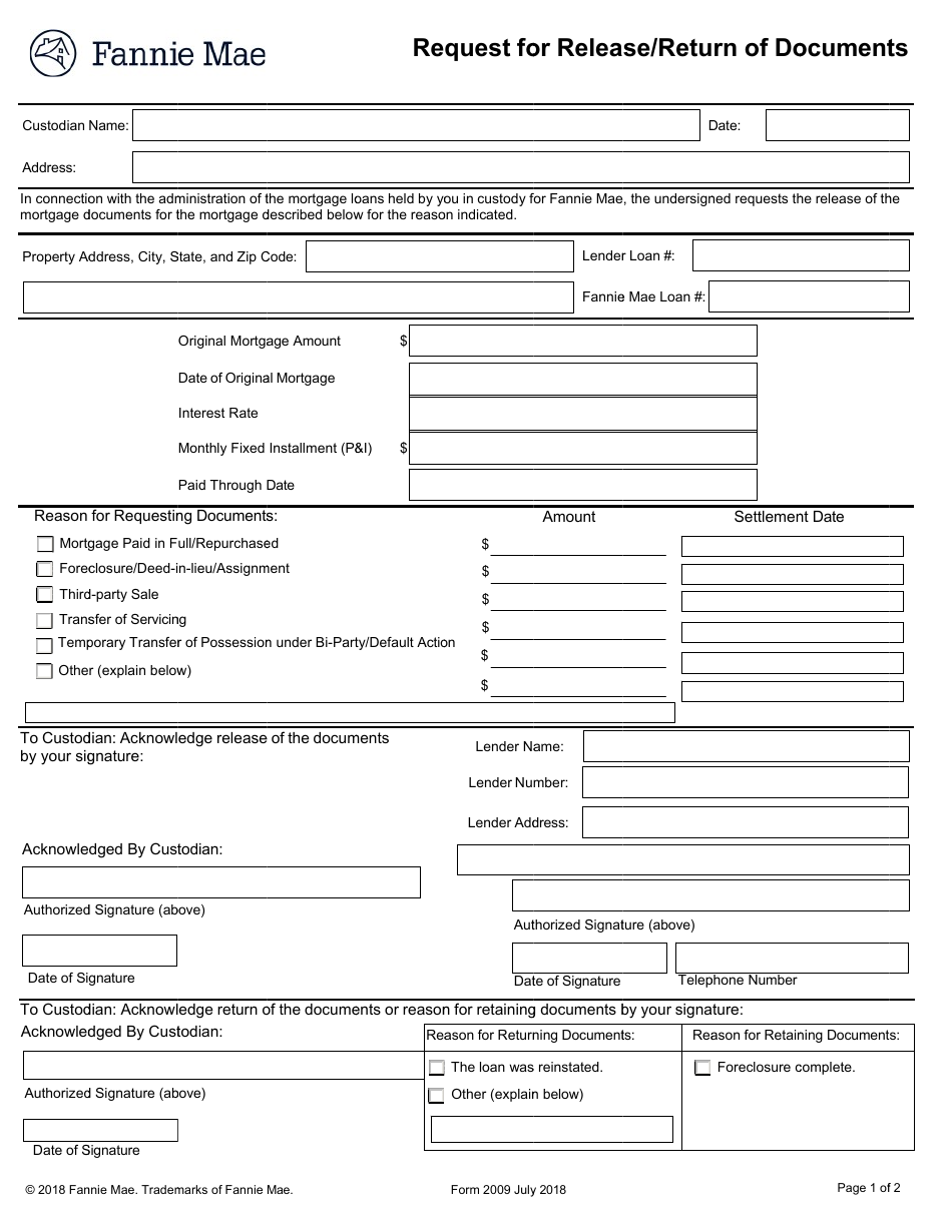 Form 2009 Request for Release / Return of Documents, Page 1