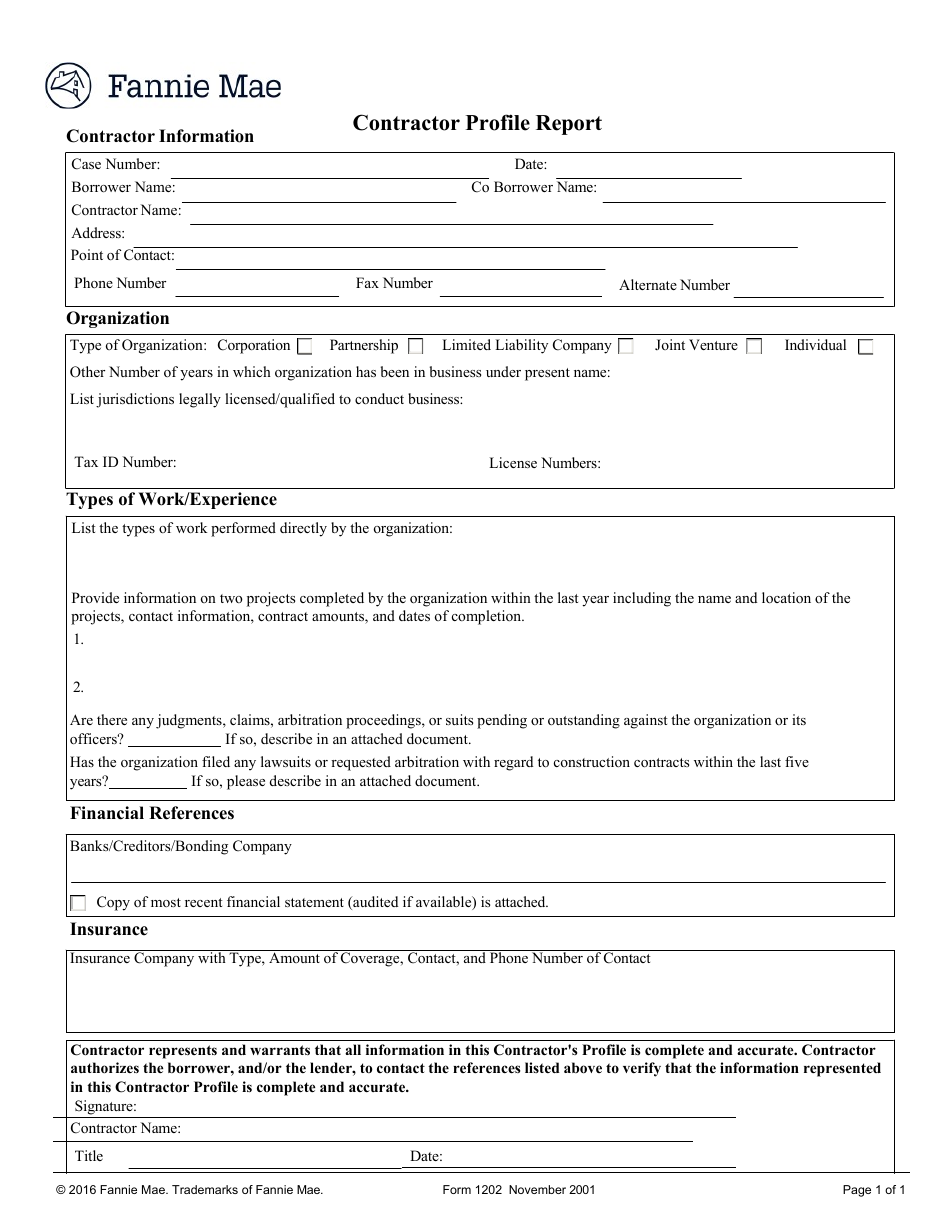 Form 1202 Contractor Profile Report, Page 1