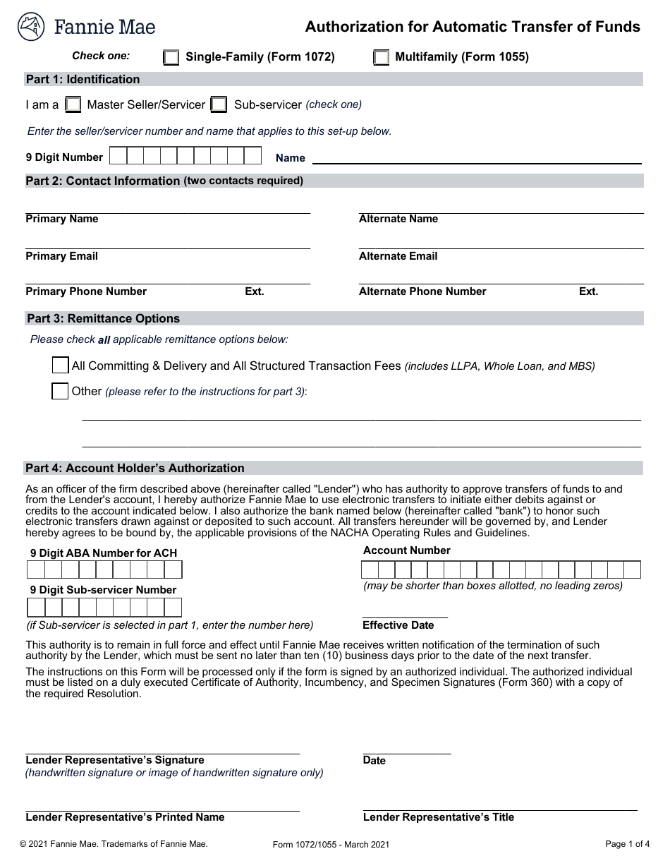 Form 1072 (1055) Authorization for Automatic Transfer of Funds, Page 1