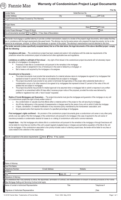 Form 1054 Warranty of Condominium Project Legal Documents