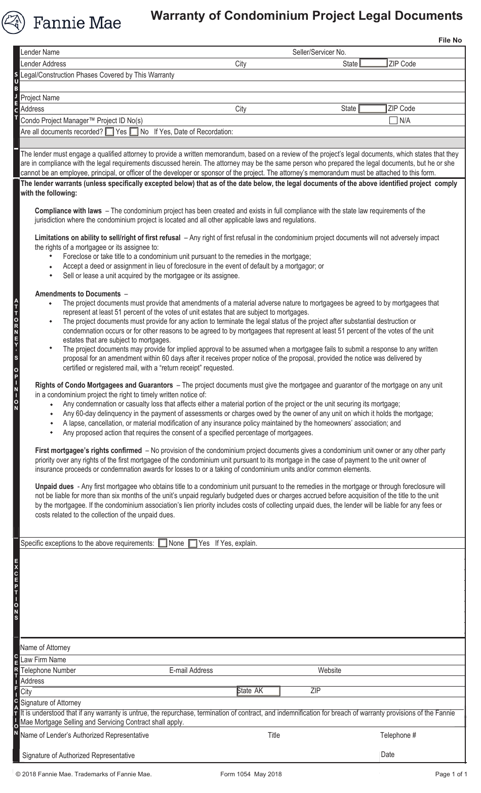 Form 1054 Warranty of Condominium Project Legal Documents, Page 1