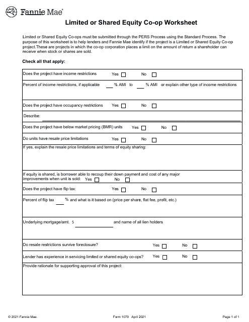 Form 1079 Limited or Shared Equity Co-op Worksheet