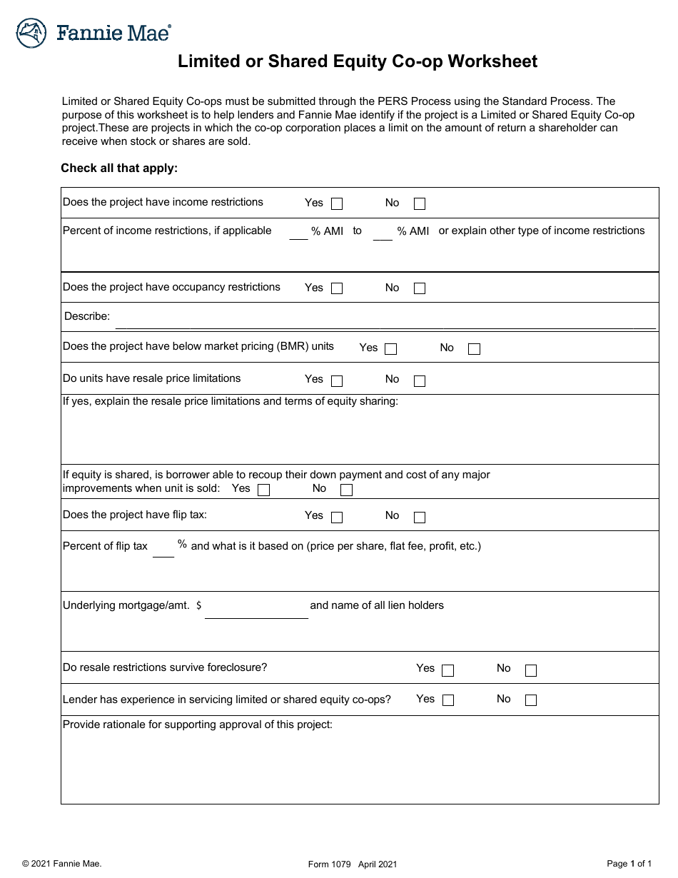 Form 1079 Limited or Shared Equity Co-op Worksheet, Page 1