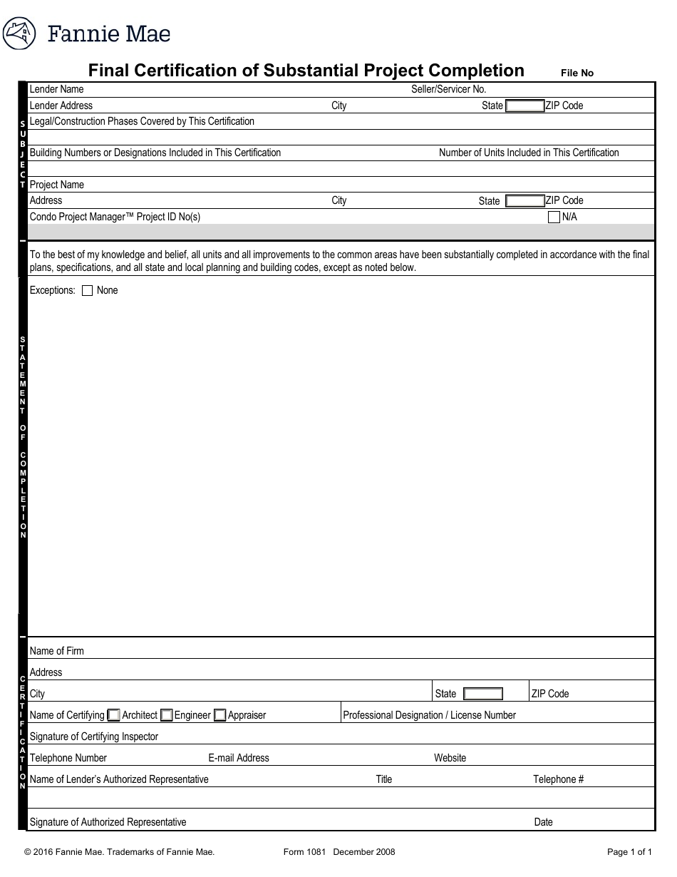 Form 1081 Final Certification of Substantial Project Completion, Page 1