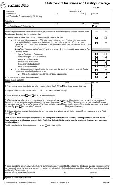 Form 1071 Statement of Insurance and Fidelity Coverage