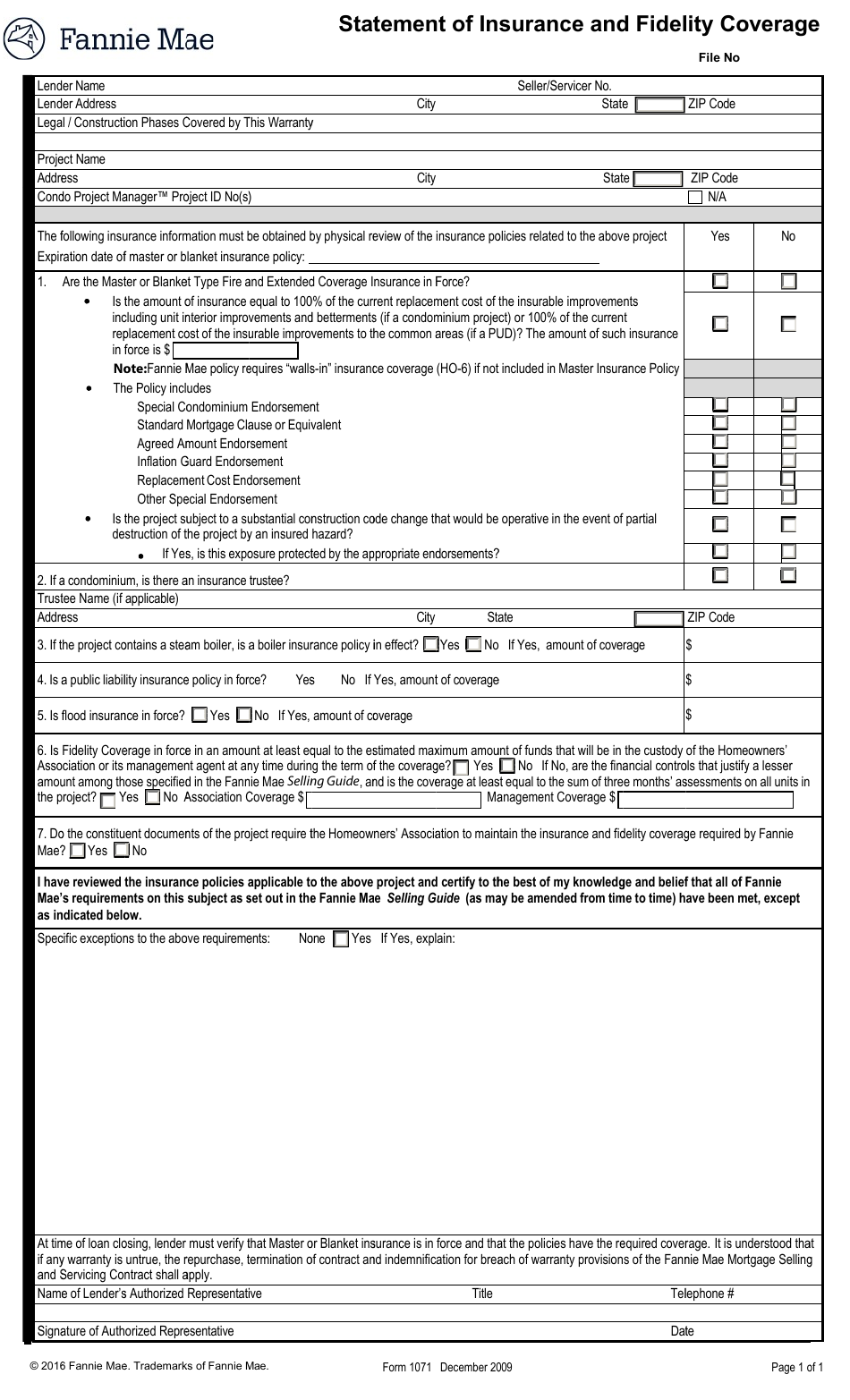 Form 1071 Statement of Insurance and Fidelity Coverage, Page 1
