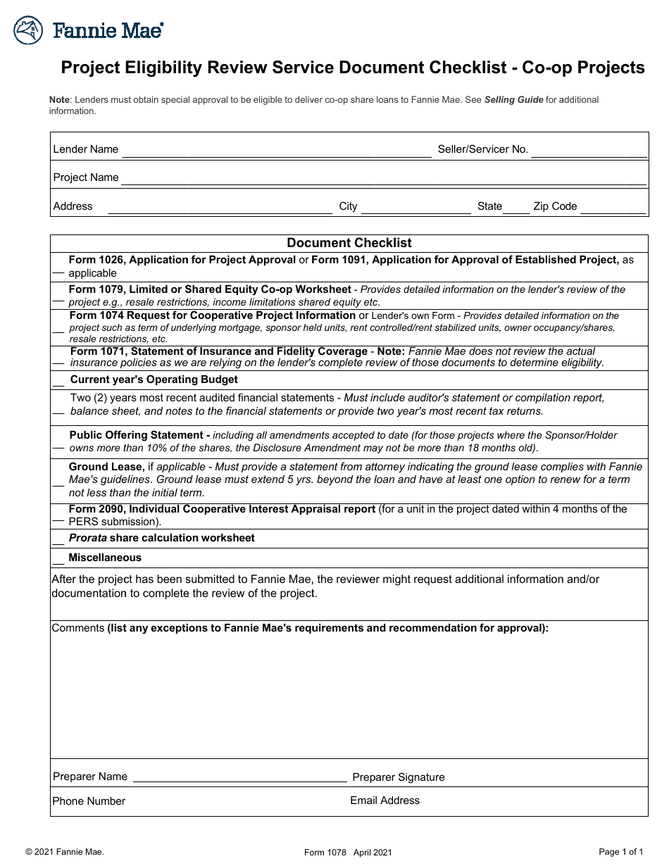 Form 1078 Project Eligibility Review Service Document Checklist - Co-op Projects, Page 1