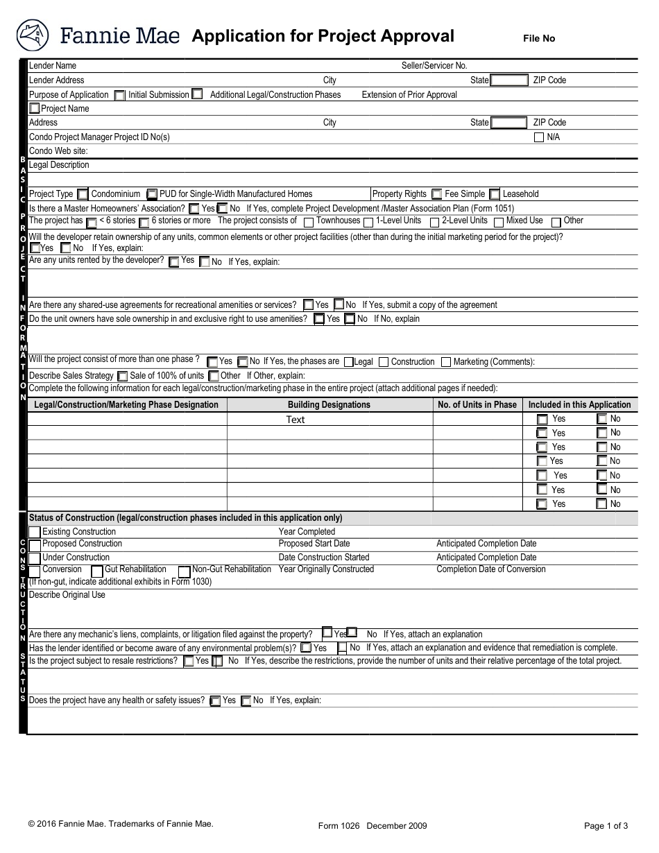 Form 1026 Application for Project Approval, Page 1