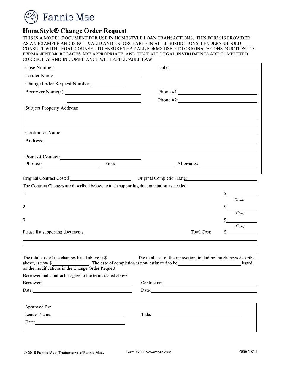 Form 1200 Homestyle Change Order Request, Page 1
